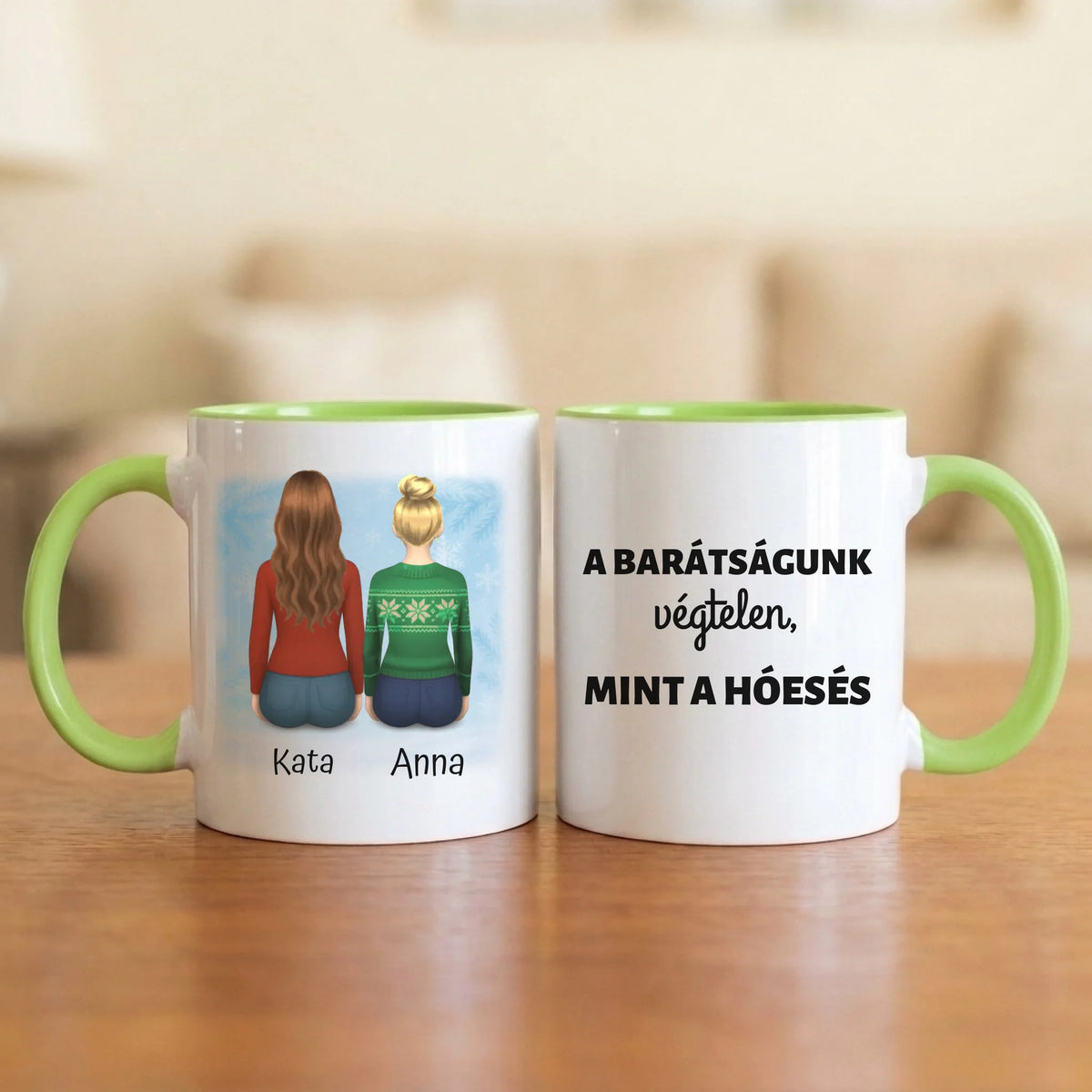 A barátságunk végtelen – téli barátnős bögre 2–4 hátulról rajzolt nővel, hópelyhes háttérrel