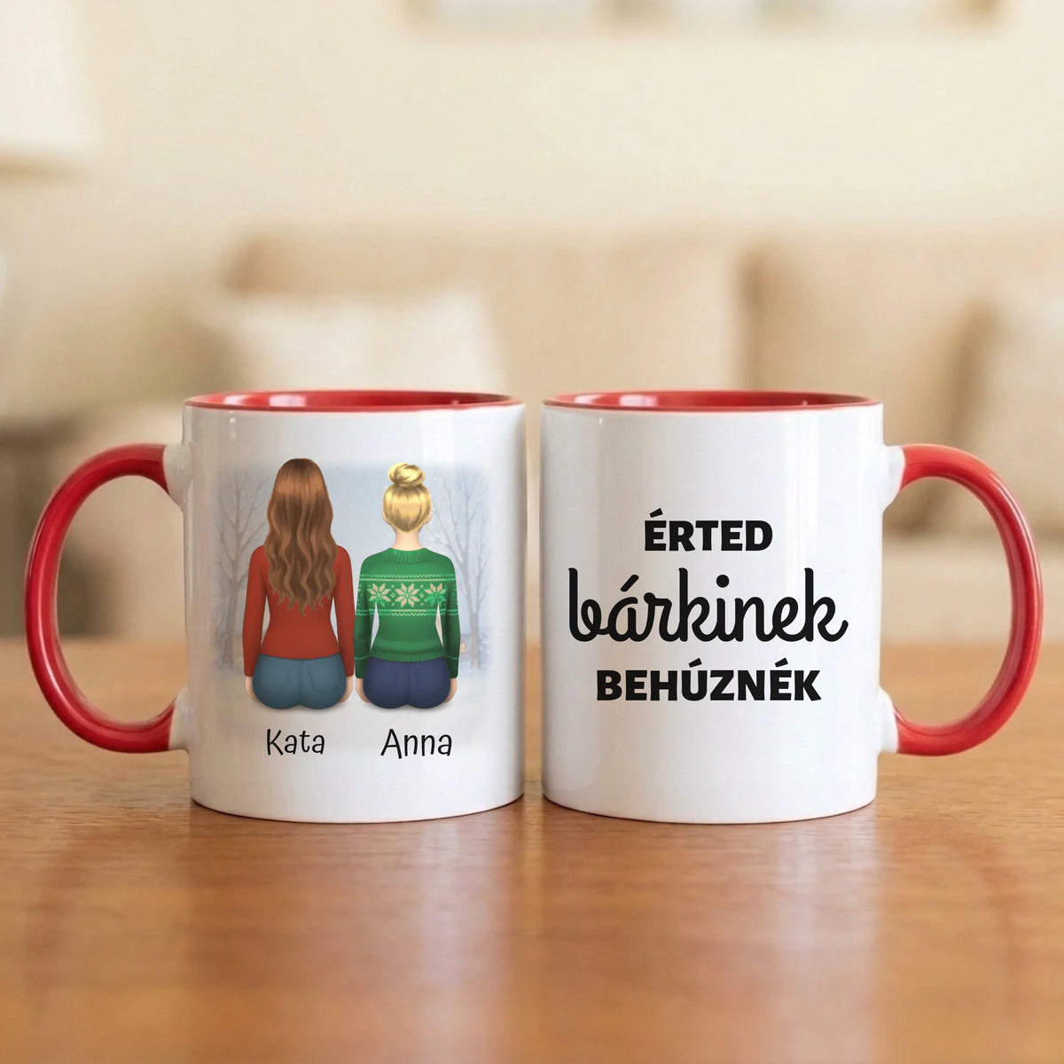 Érted bárkinek behúznék – vicces barátnős bögre két hátulról rajzolt nővel, havas háttérrel