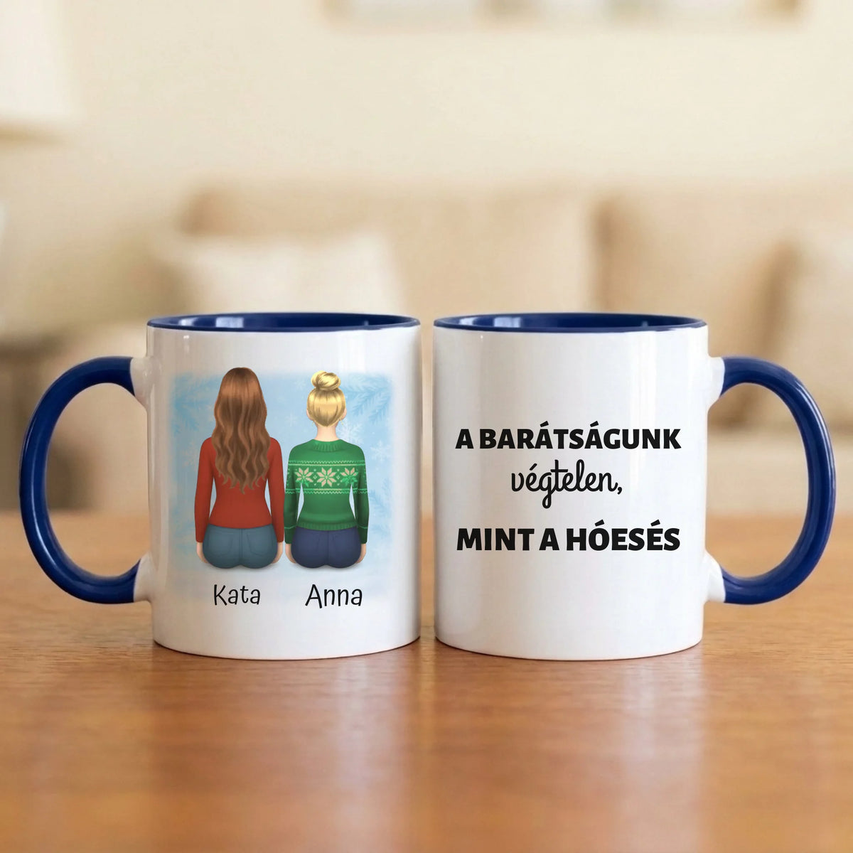 A barátságunk végtelen – téli barátnős bögre 2–4 hátulról rajzolt nővel, hópelyhes háttérrel
