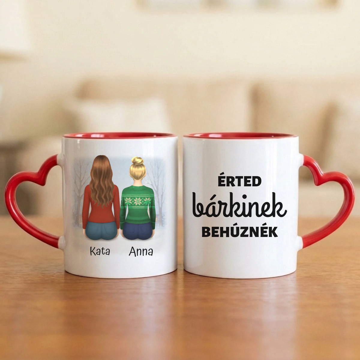 Érted bárkinek behúznék – vicces barátnős bögre két hátulról rajzolt nővel, havas háttérrel