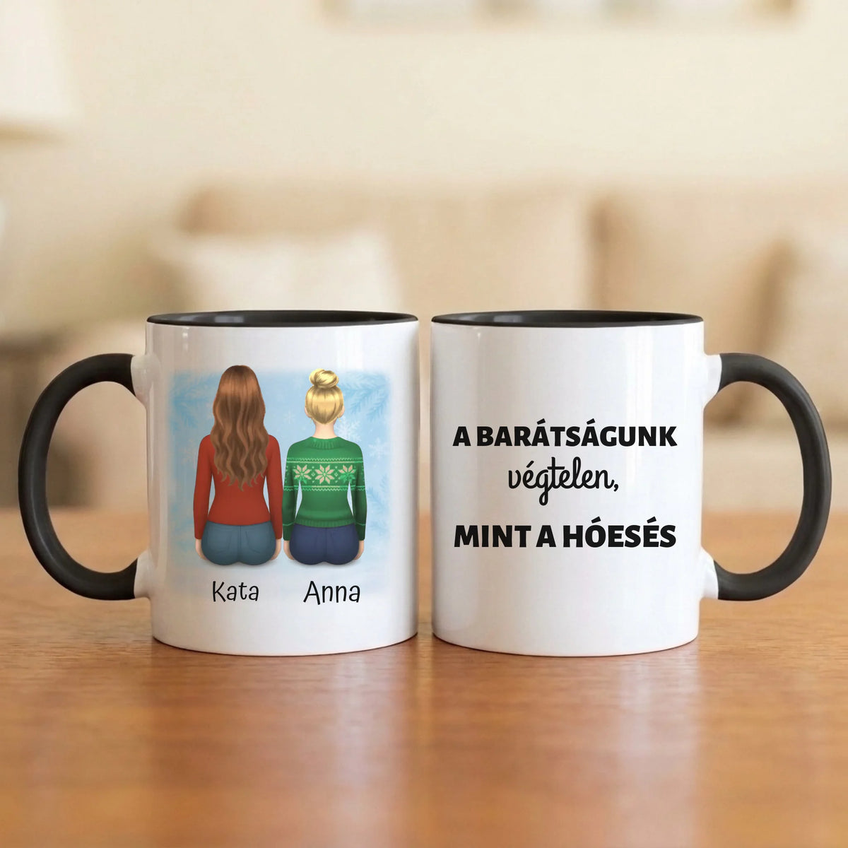 A barátságunk végtelen – téli barátnős bögre 2–4 hátulról rajzolt nővel, hópelyhes háttérrel