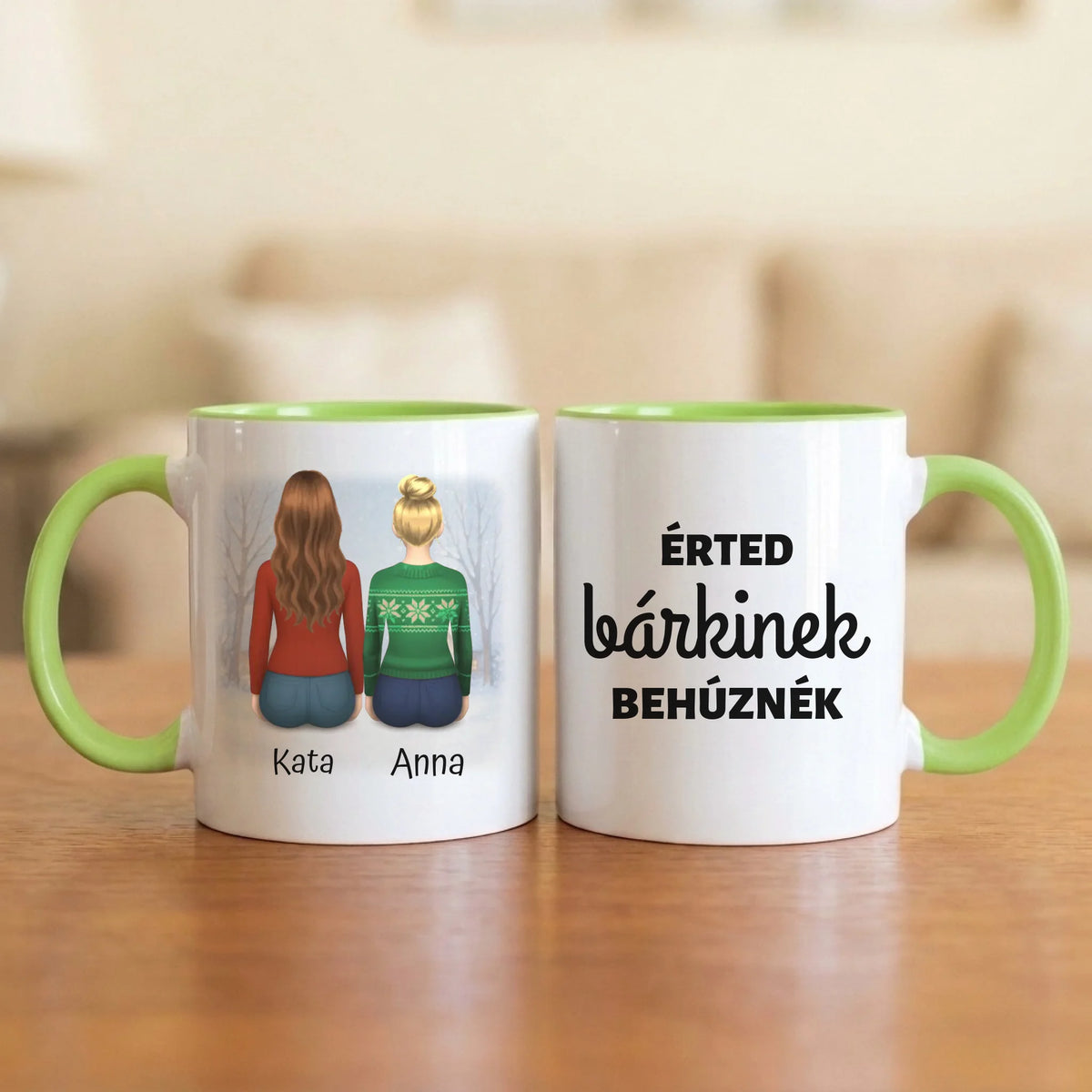 Érted bárkinek behúznék – vicces barátnős bögre két hátulról rajzolt nővel, havas háttérrel