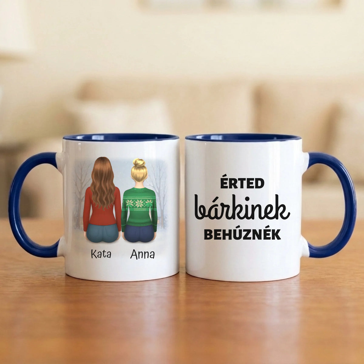 Érted bárkinek behúznék – vicces barátnős bögre két hátulról rajzolt nővel, havas háttérrel