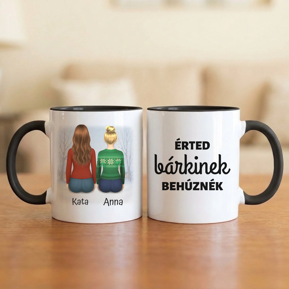 Érted bárkinek behúznék – vicces barátnős bögre két hátulról rajzolt nővel, havas háttérrel