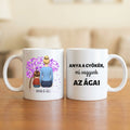Anya a gyökér, mi vagyunk az ágai – anyás bögre hátulról rajzolt anyával és 1–4 gyerekkel, lila szívfa alatt