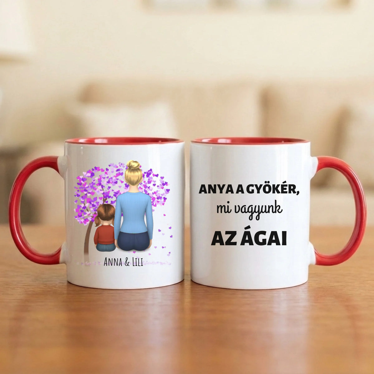 Anya a gyökér, mi vagyunk az ágai – anyás bögre hátulról rajzolt anyával és 1–4 gyerekkel, lila szívfa alatt