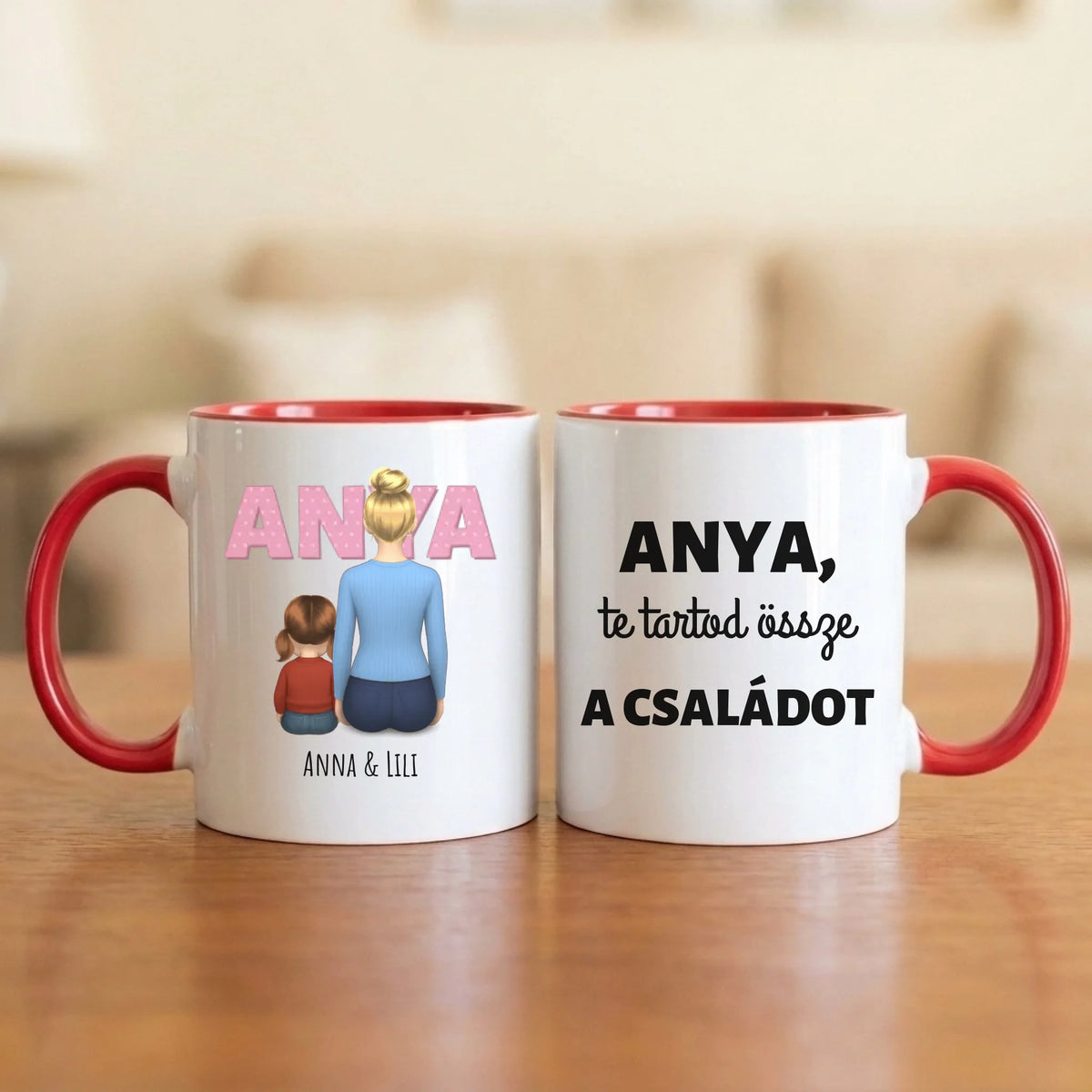 Anya, te tartod össze a családot – anyás bögre hátulról rajzolt anyával és 1–4 gyerekkel, nagy ANYA felirattal