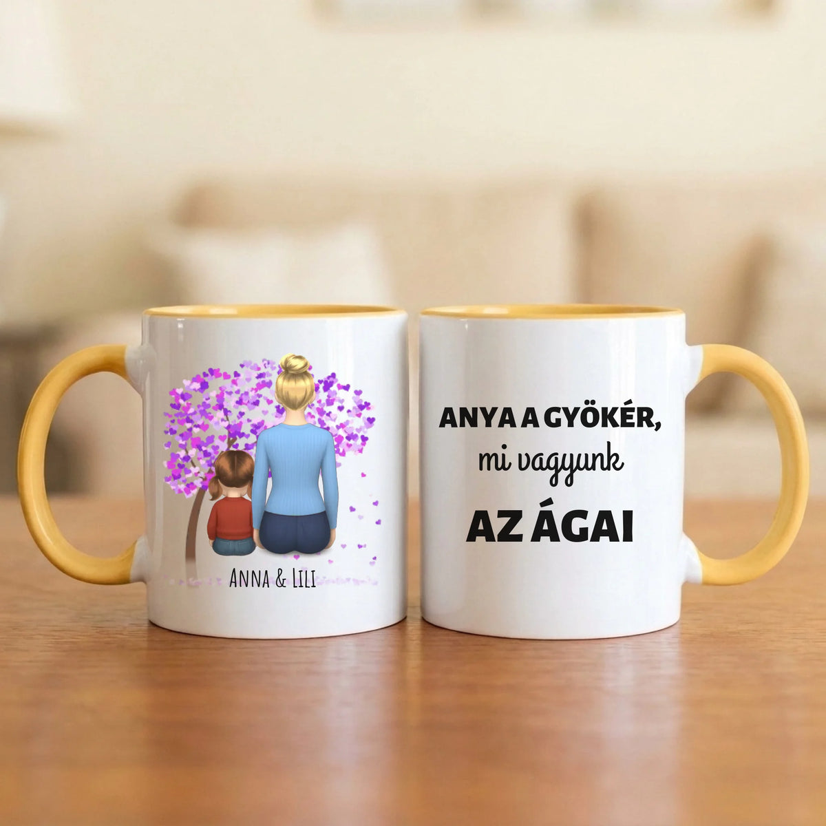 Anya a gyökér, mi vagyunk az ágai – anyás bögre hátulról rajzolt anyával és 1–4 gyerekkel, lila szívfa alatt