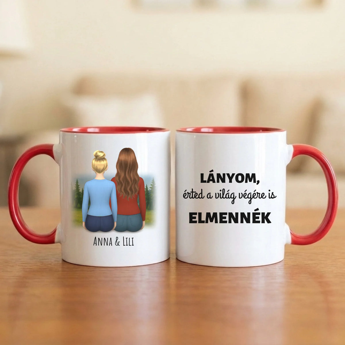 Lányom, érted a világ végére is elmennék – anya–lánya bögre két hátulról rajzolt nővel a hegyi tónál