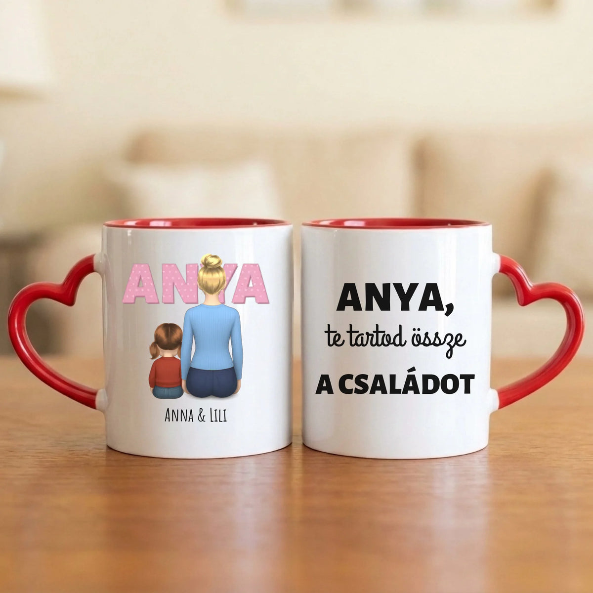 Anya, te tartod össze a családot – anyás bögre hátulról rajzolt anyával és 1–4 gyerekkel, nagy ANYA felirattal