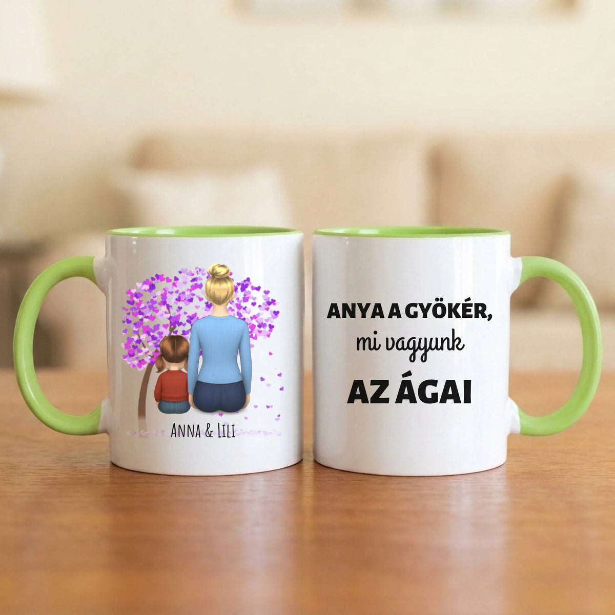 Anya a gyökér, mi vagyunk az ágai – anyás bögre hátulról rajzolt anyával és 1–4 gyerekkel, lila szívfa alatt