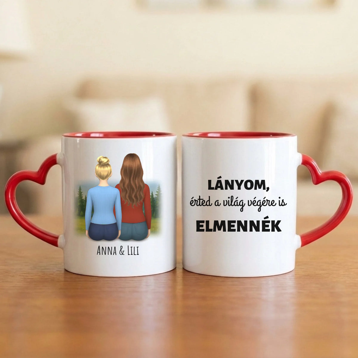 Lányom, érted a világ végére is elmennék – anya–lánya bögre két hátulról rajzolt nővel a hegyi tónál