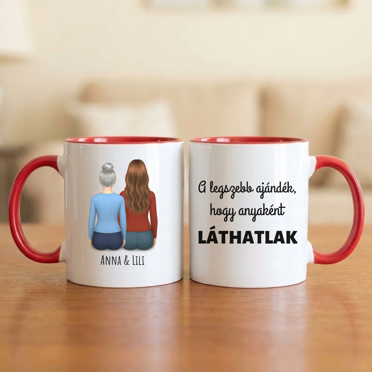 A legszebb ajándék, hogy anyaként láthatlak – anya–lánya bögre két hátulról rajzolt nővel (az anya ősz hajjal)