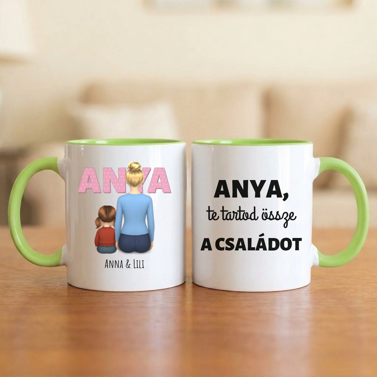 Anya, te tartod össze a családot – anyás bögre hátulról rajzolt anyával és 1–4 gyerekkel, nagy ANYA felirattal