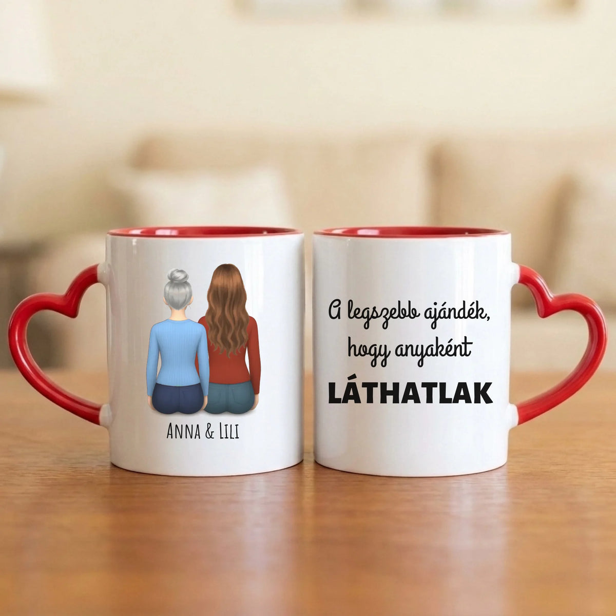 A legszebb ajándék, hogy anyaként láthatlak – anya–lánya bögre két hátulról rajzolt nővel (az anya ősz hajjal)