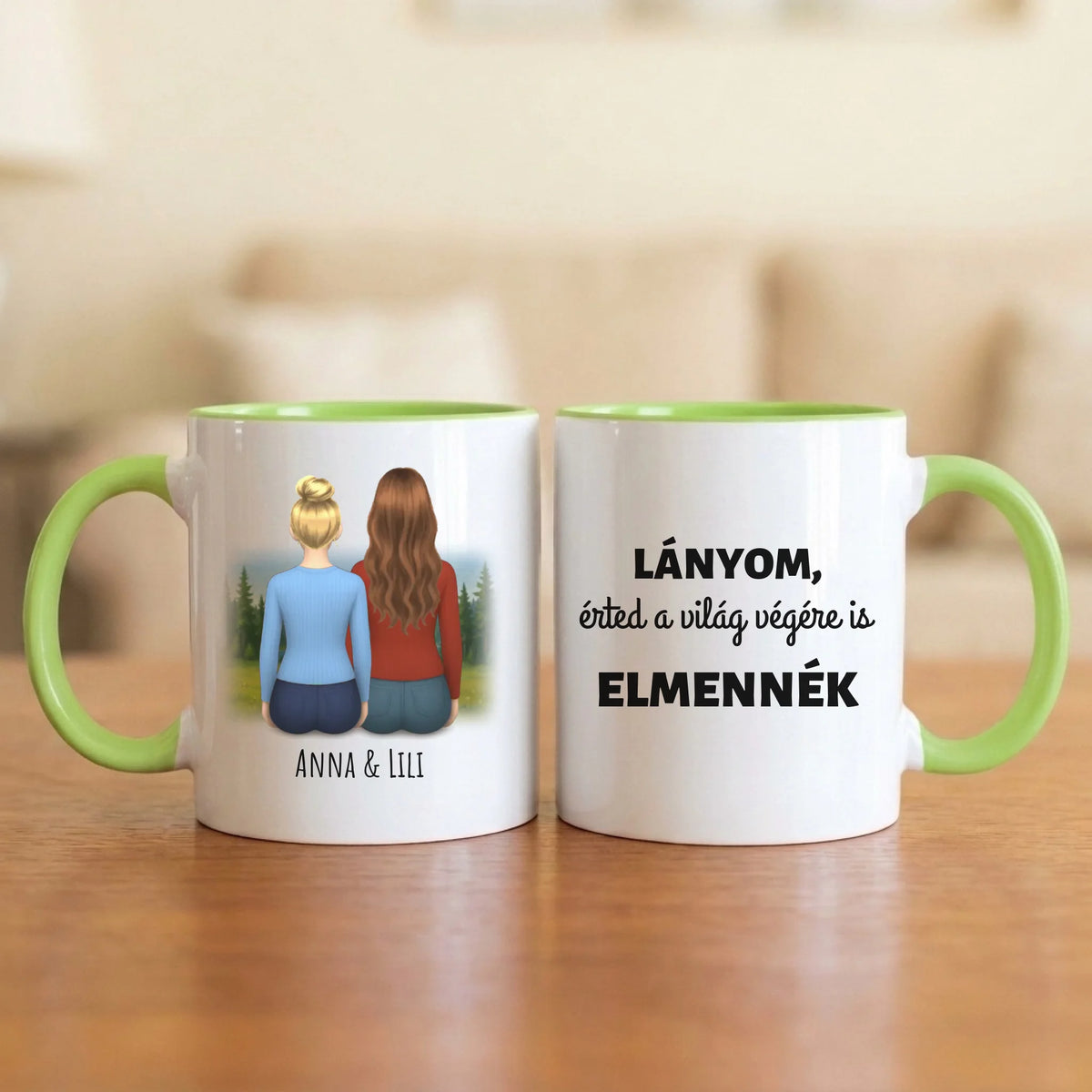 Lányom, érted a világ végére is elmennék – anya–lánya bögre két hátulról rajzolt nővel a hegyi tónál