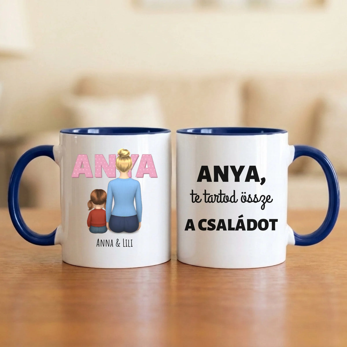 Anya, te tartod össze a családot – anyás bögre hátulról rajzolt anyával és 1–4 gyerekkel, nagy ANYA felirattal