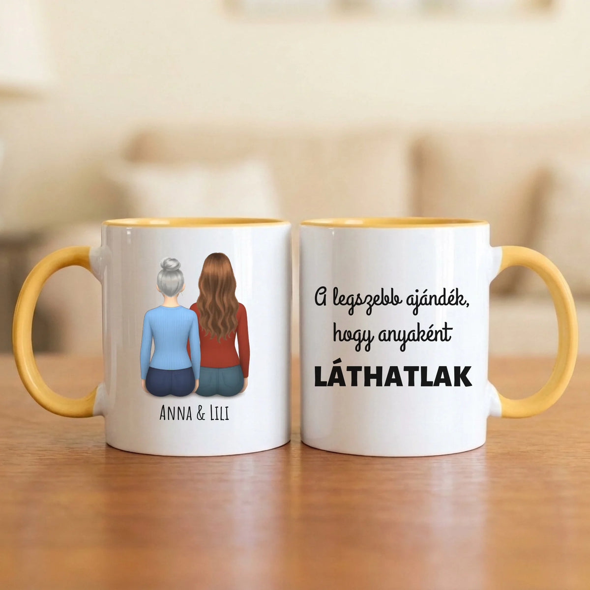A legszebb ajándék, hogy anyaként láthatlak – anya–lánya bögre két hátulról rajzolt nővel (az anya ősz hajjal)