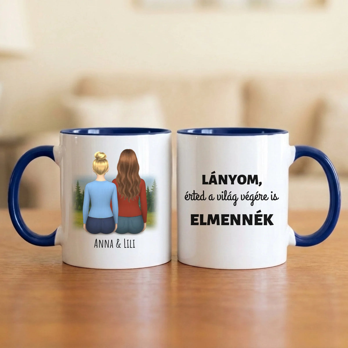 Lányom, érted a világ végére is elmennék – anya–lánya bögre két hátulról rajzolt nővel a hegyi tónál