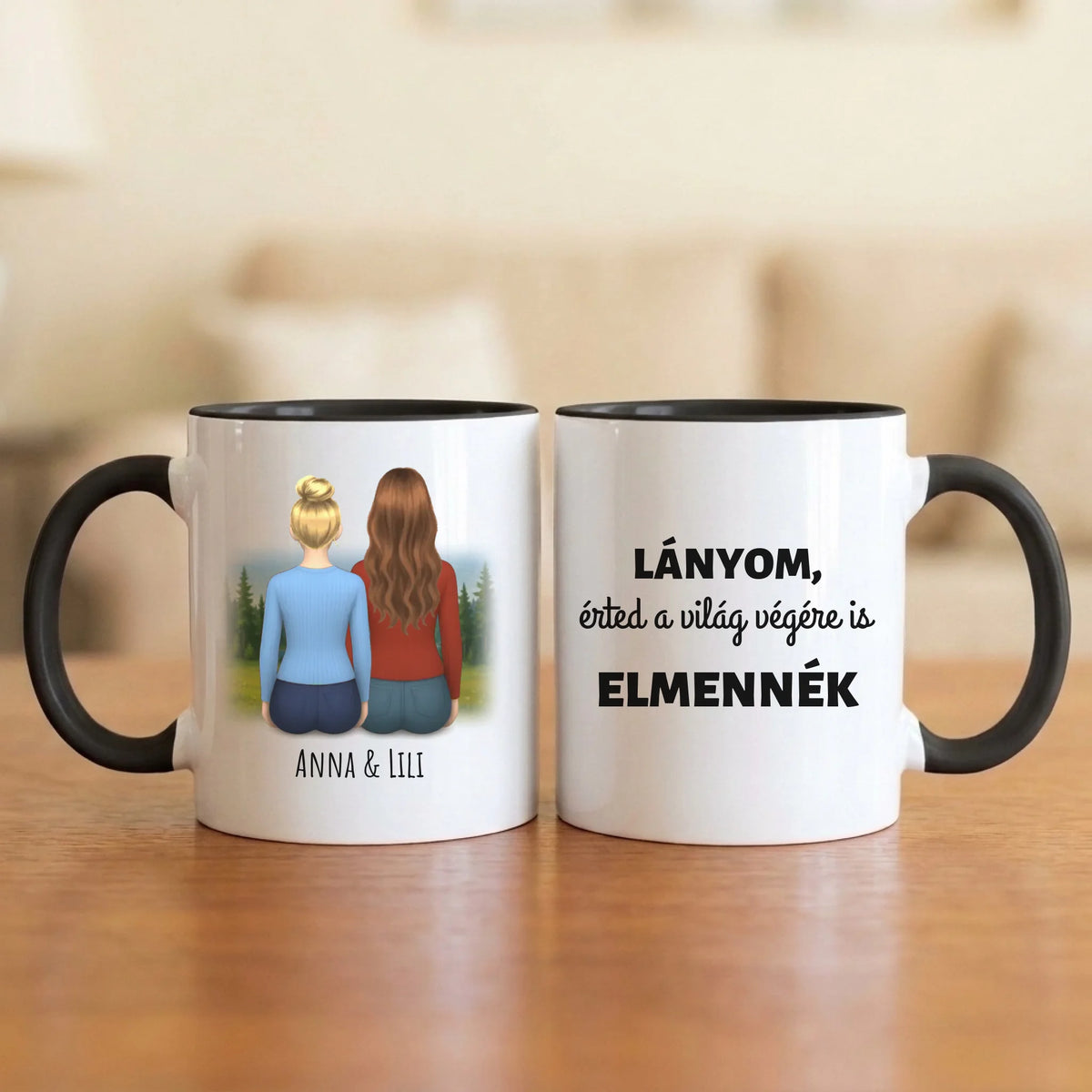 Lányom, érted a világ végére is elmennék – anya–lánya bögre két hátulról rajzolt nővel a hegyi tónál