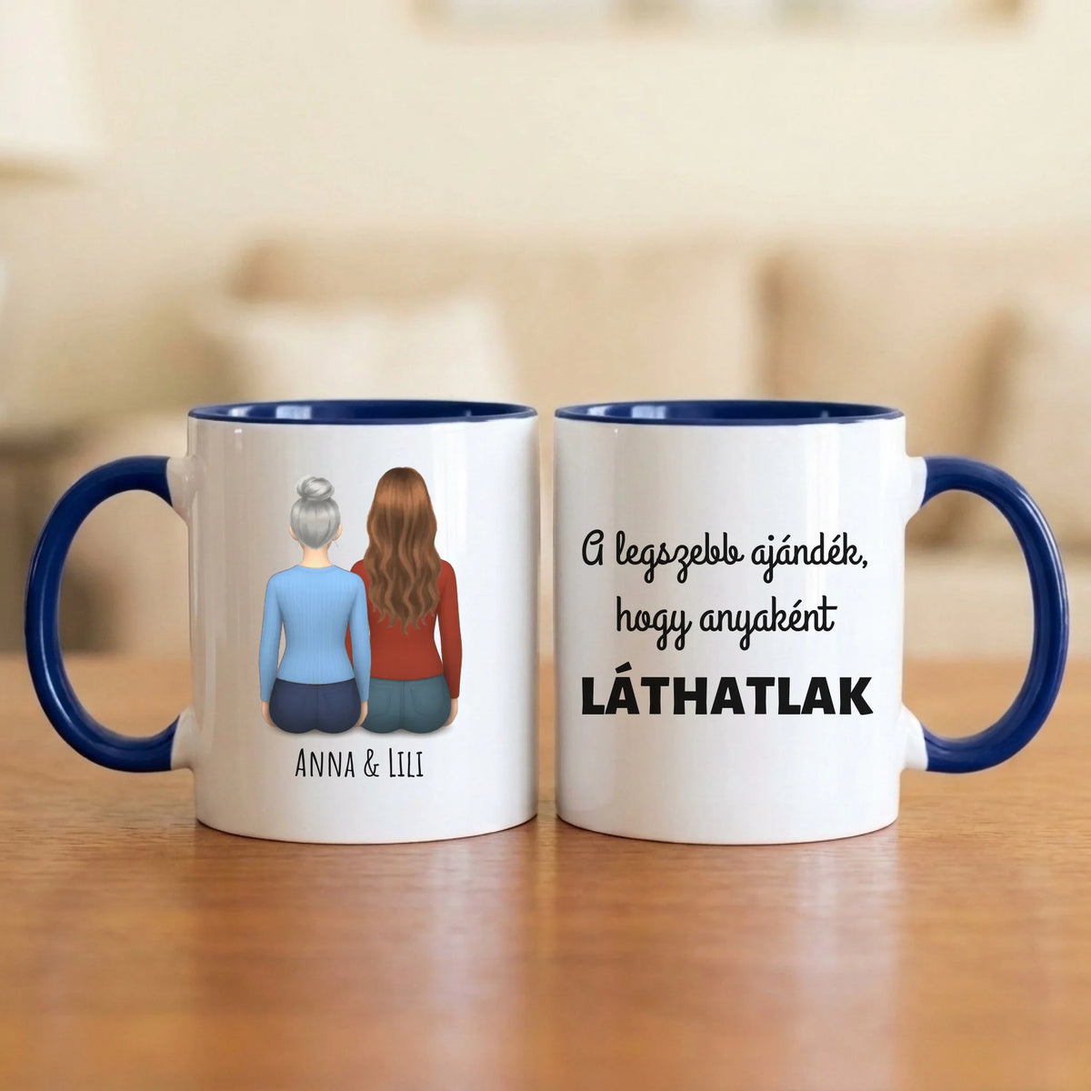 A legszebb ajándék, hogy anyaként láthatlak – anya–lánya bögre két hátulról rajzolt nővel (az anya ősz hajjal)