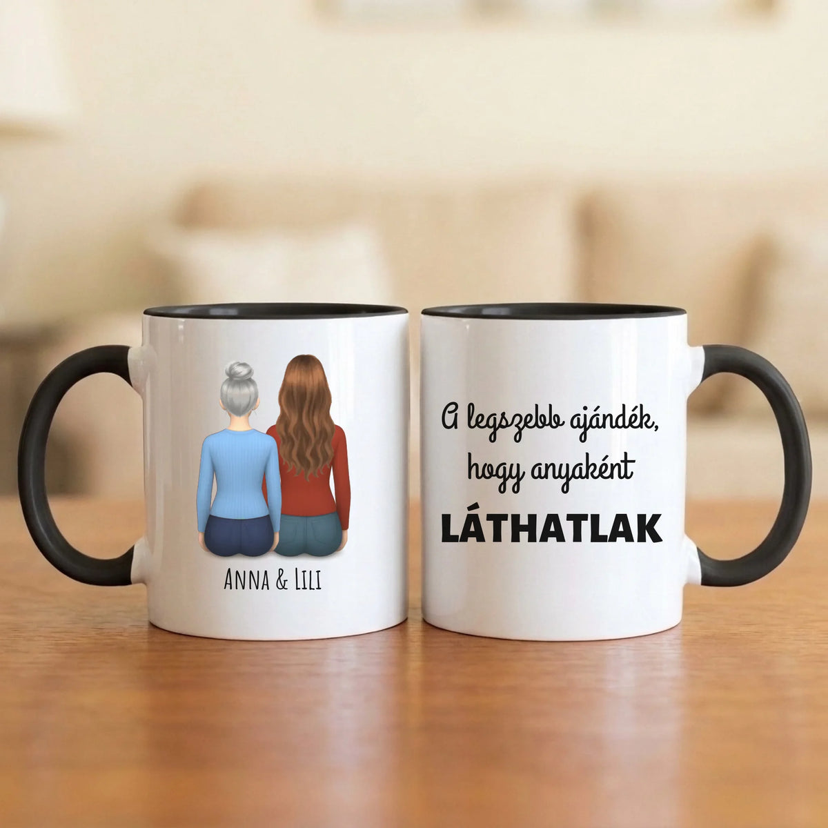 A legszebb ajándék, hogy anyaként láthatlak – anya–lánya bögre két hátulról rajzolt nővel (az anya ősz hajjal)