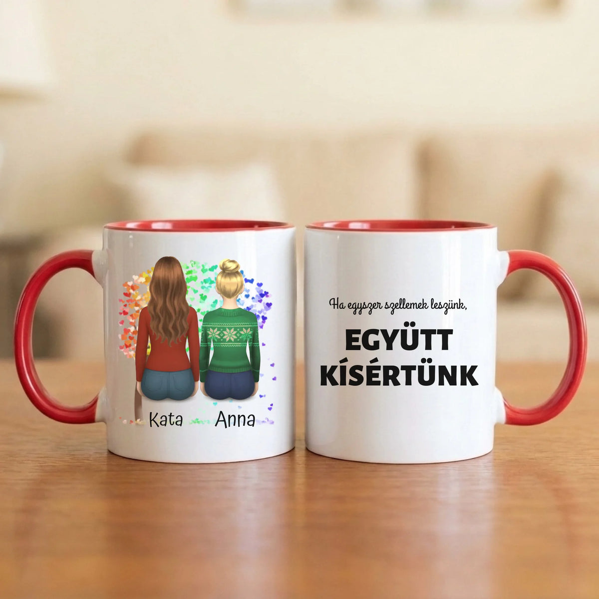 Ha egyszer szellemek leszünk, együtt kísértünk – vicces barátnős bögre 2–5 hátulról rajzolt nővel a színes szívfa alatt