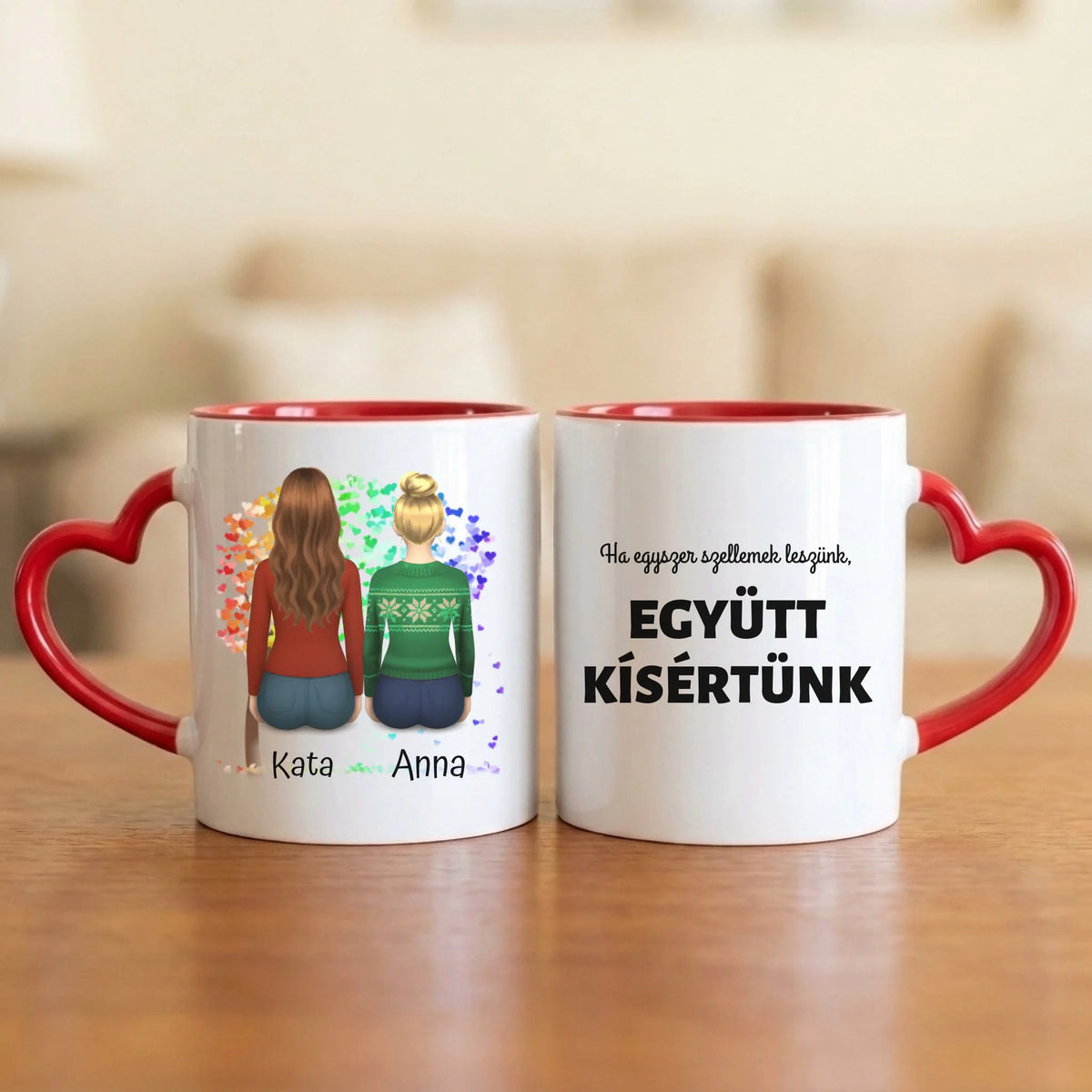 Ha egyszer szellemek leszünk, együtt kísértünk – vicces barátnős bögre 2–5 hátulról rajzolt nővel a színes szívfa alatt