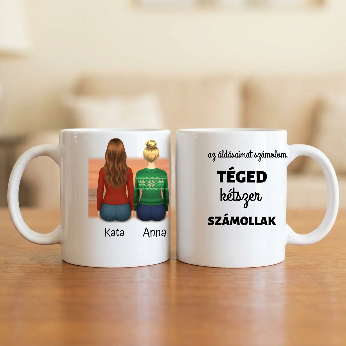 Ha az áldásaimat számolom, téged kétszer számollak – barátnős bögre 2–5 hátulról rajzolt nővel naplementében