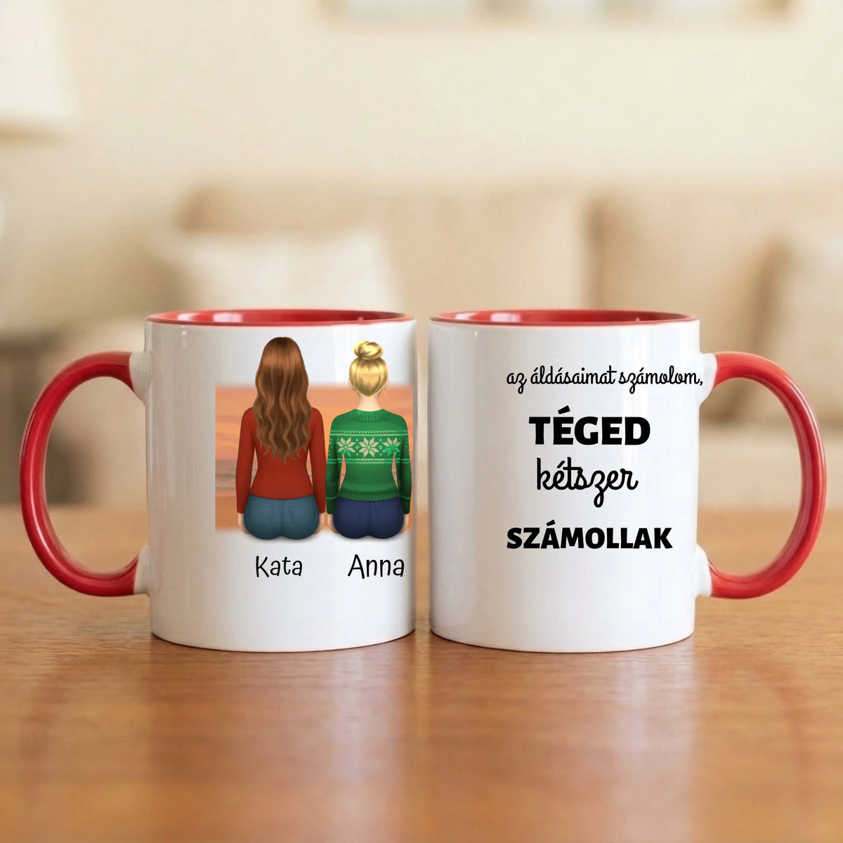 Ha az áldásaimat számolom, téged kétszer számollak – barátnős bögre 2–5 hátulról rajzolt nővel naplementében