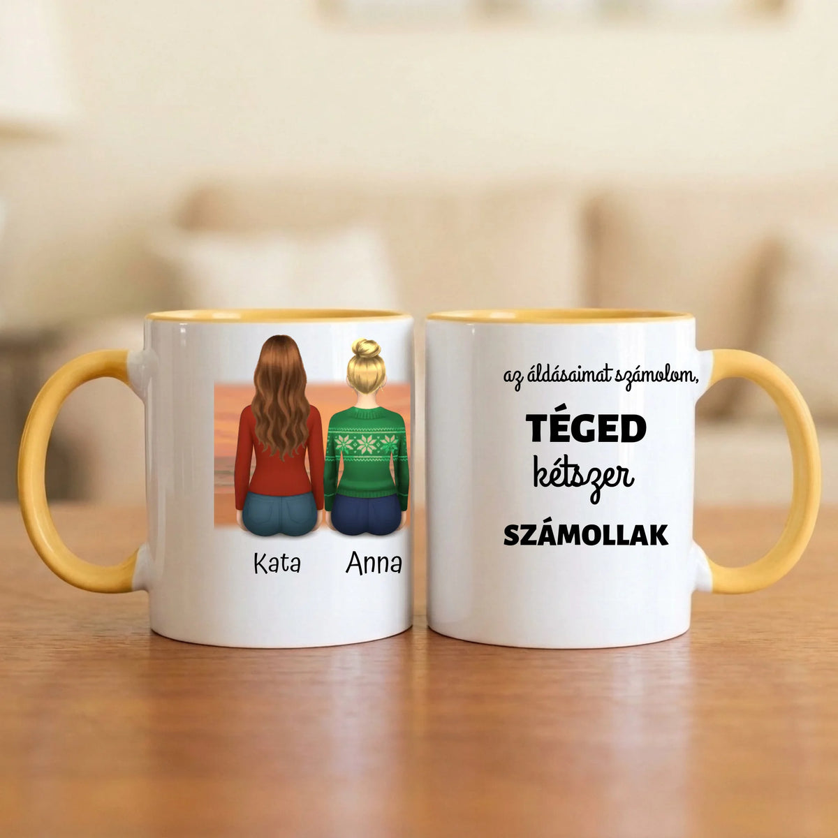 Ha az áldásaimat számolom, téged kétszer számollak – barátnős bögre 2–5 hátulról rajzolt nővel naplementében