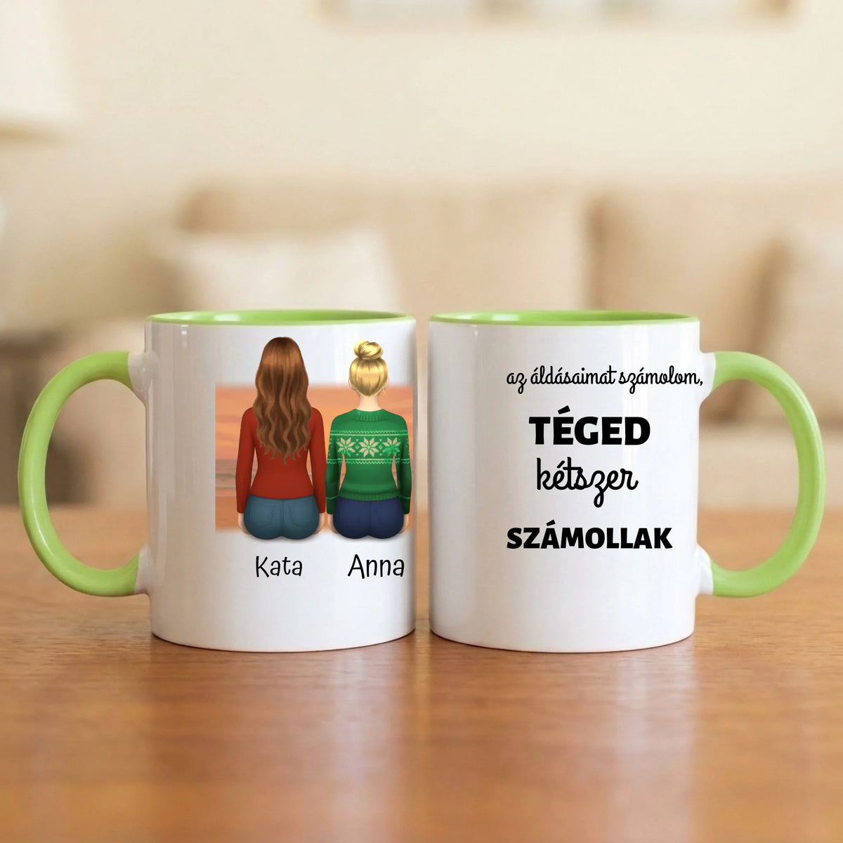 Ha az áldásaimat számolom, téged kétszer számollak – barátnős bögre 2–5 hátulról rajzolt nővel naplementében