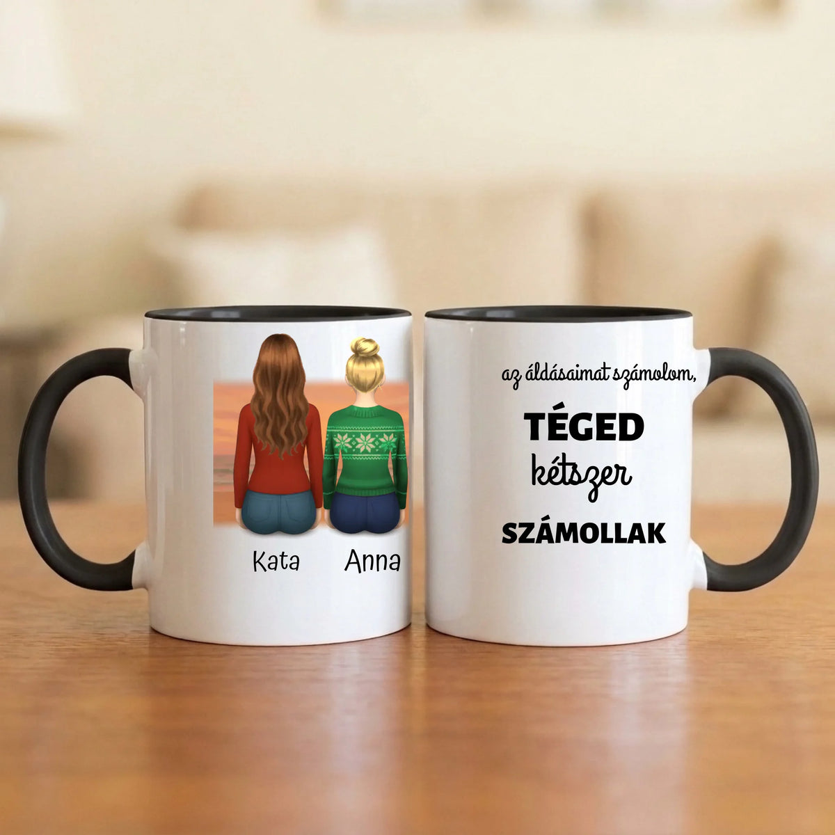 Ha az áldásaimat számolom, téged kétszer számollak – barátnős bögre 2–5 hátulról rajzolt nővel naplementében