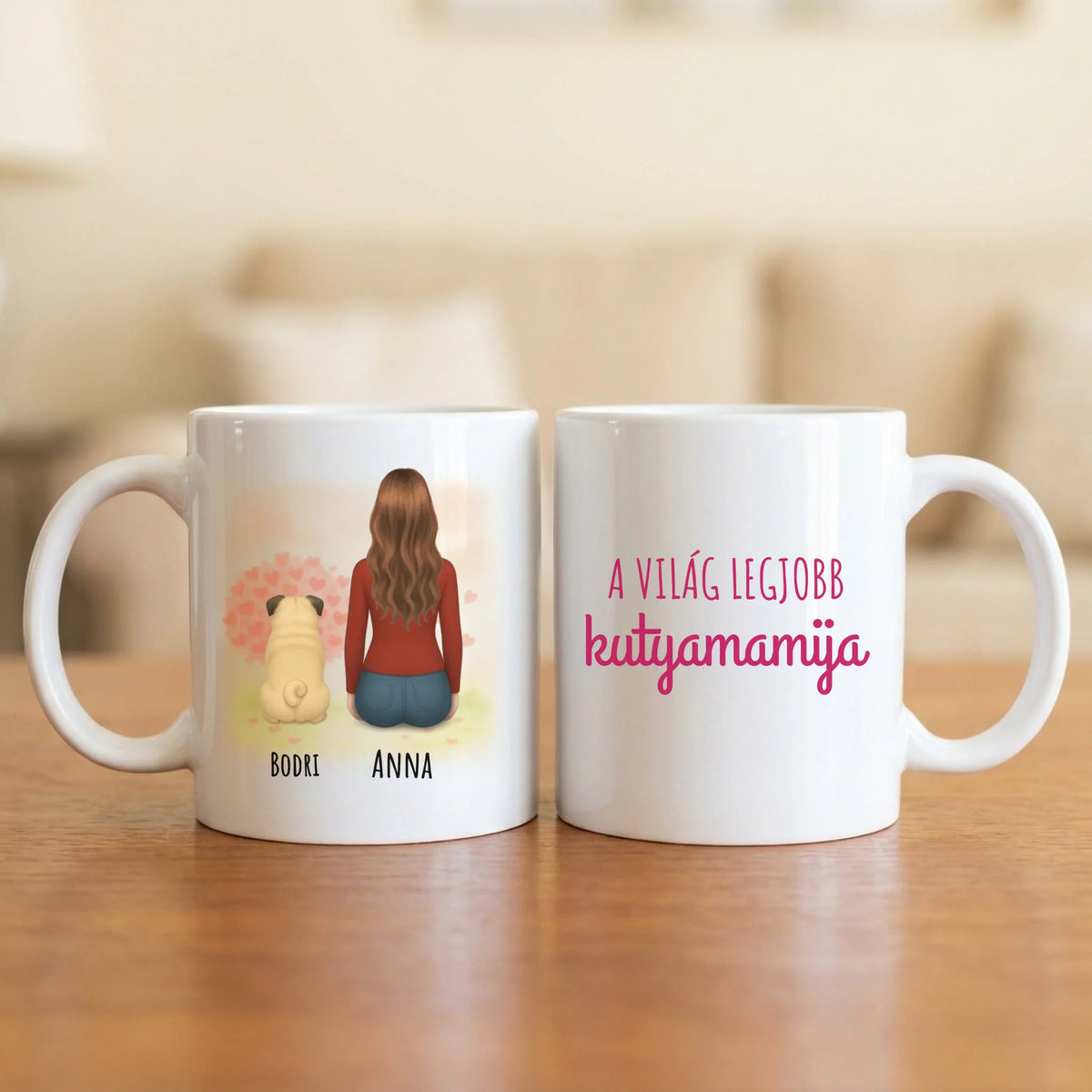 A világ legjobb kutyamamija – bögre 1–4 kutyával, szívfás háttérrel