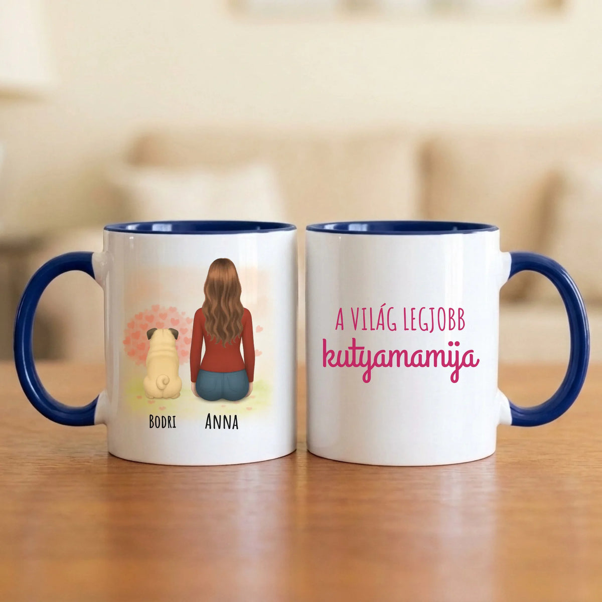 A világ legjobb kutyamamija – bögre 1–4 kutyával, szívfás háttérrel