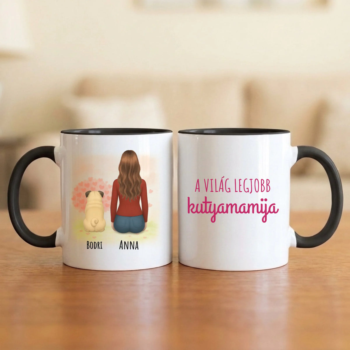 A világ legjobb kutyamamija – bögre 1–4 kutyával, szívfás háttérrel