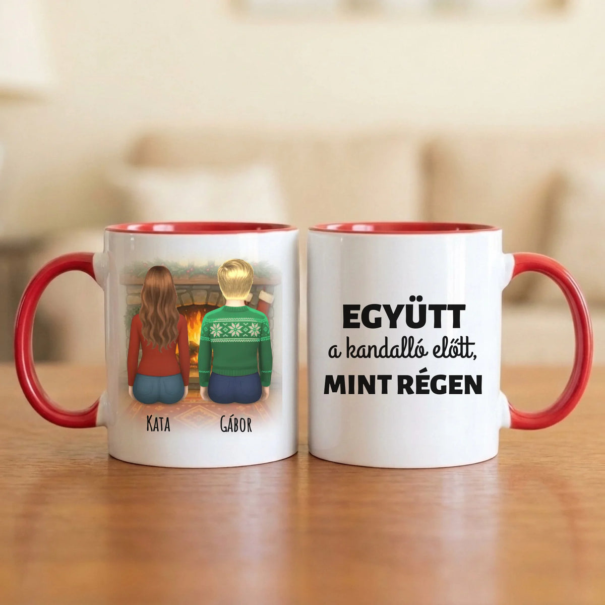 Együtt a kandalló előtt, mint régen – testvéres bögre 2–5 hátulról rajzolt figurával a kandalló előtt