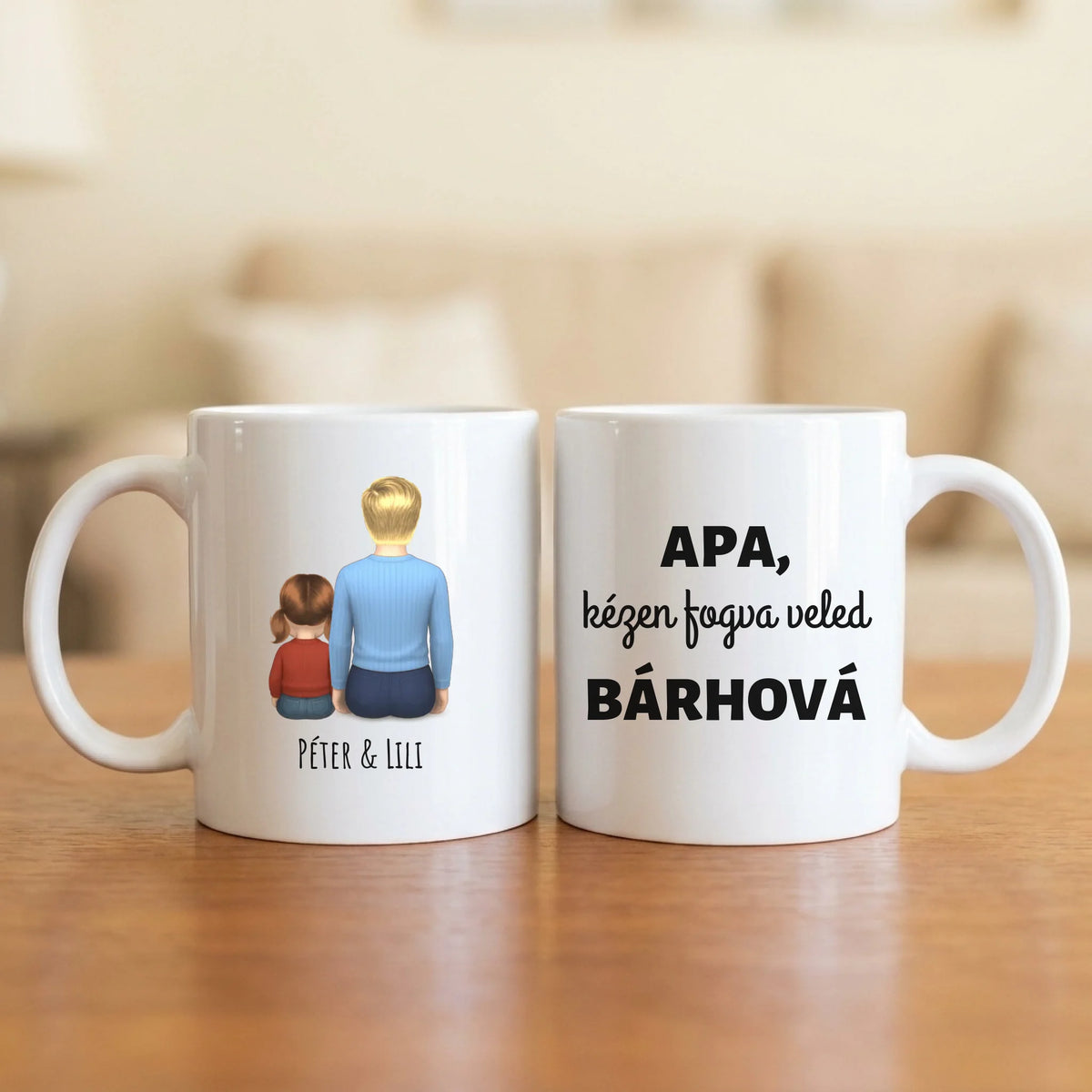 Apa, kézen fogva veled bárhová – apás bögre hátulról rajzolt apával és 1–4 gyerekkel