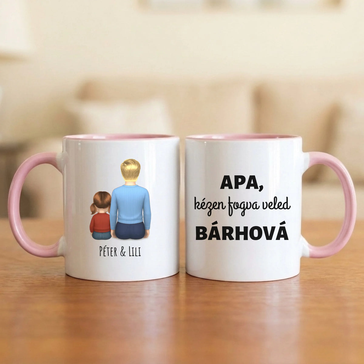 Apa, kézen fogva veled bárhová – apás bögre hátulról rajzolt apával és 1–4 gyerekkel
