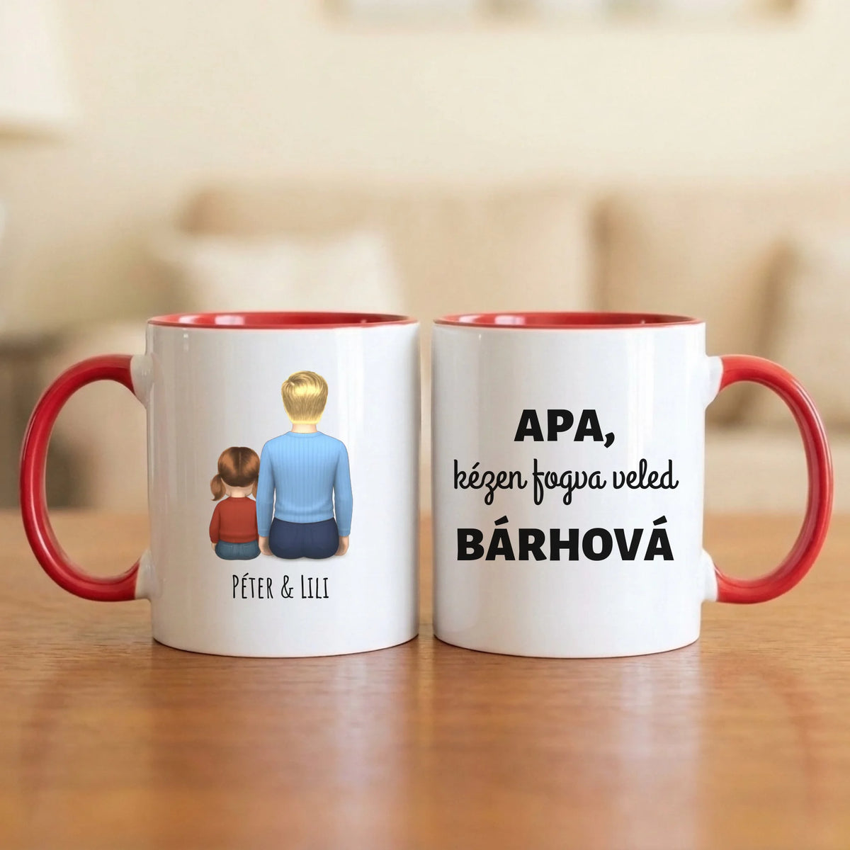 Apa, kézen fogva veled bárhová – apás bögre hátulról rajzolt apával és 1–4 gyerekkel