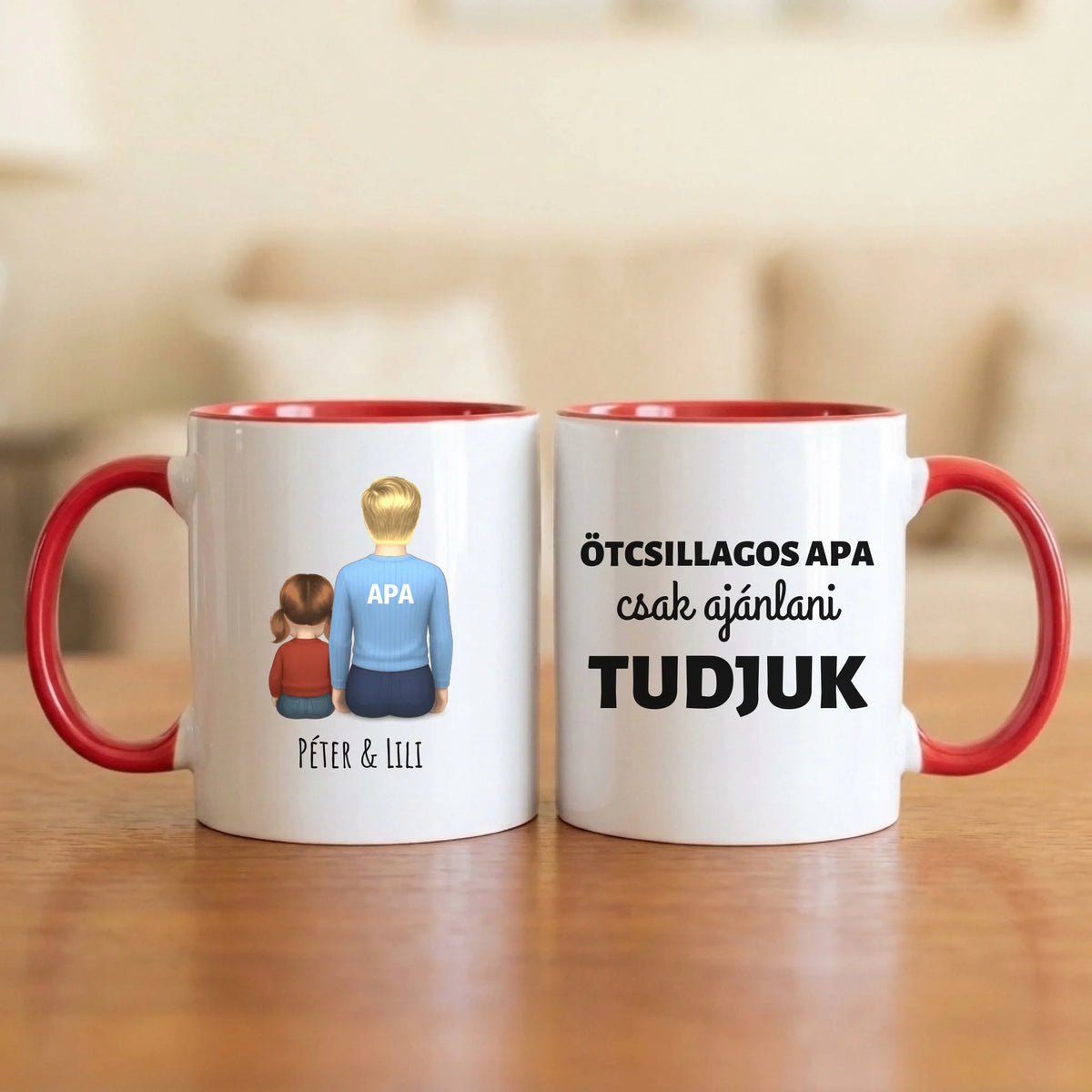 Ötcsillagos apa – csak ajánlani tudjuk – apás bögre hátulról rajzolt apával és 1–4 gyerekkel, felirattal a pulóveren