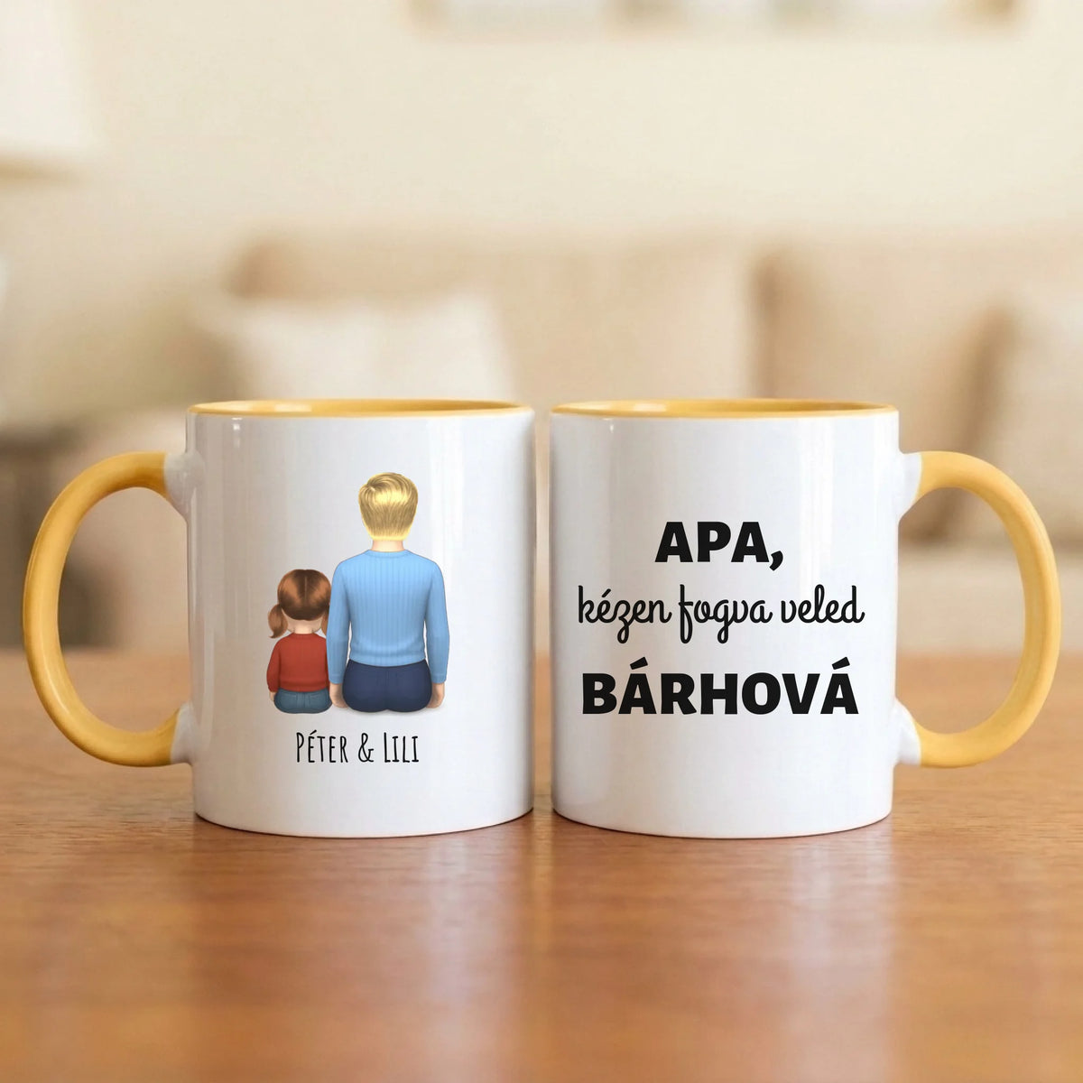 Apa, kézen fogva veled bárhová – apás bögre hátulról rajzolt apával és 1–4 gyerekkel