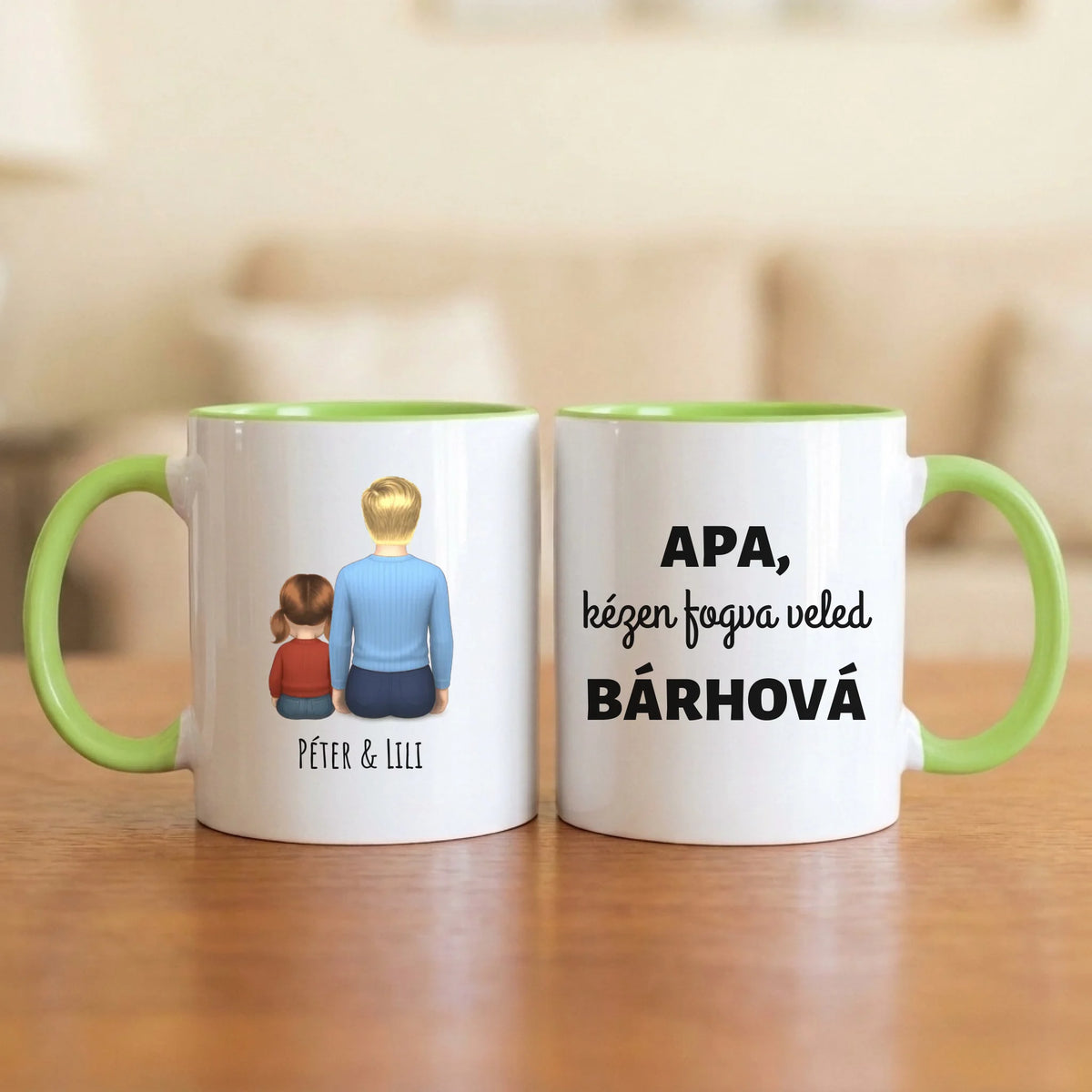 Apa, kézen fogva veled bárhová – apás bögre hátulról rajzolt apával és 1–4 gyerekkel
