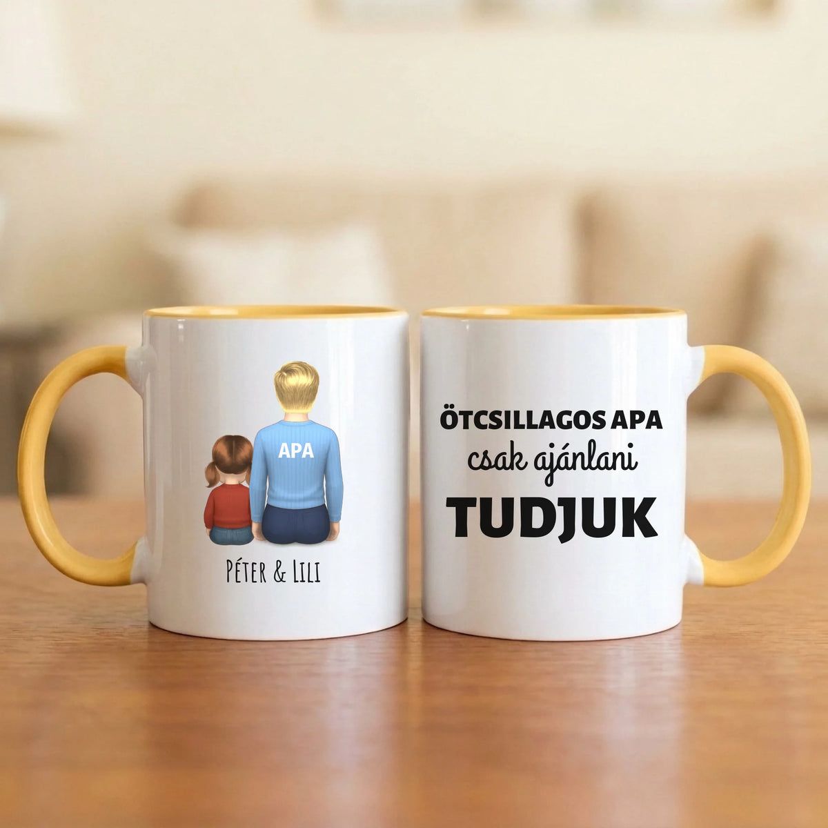 Ötcsillagos apa – csak ajánlani tudjuk – apás bögre hátulról rajzolt apával és 1–4 gyerekkel, felirattal a pulóveren