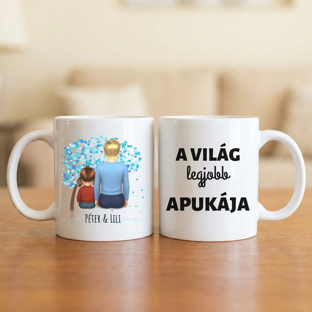 A világ legjobb apukája – apás bögre hátulról rajzolt apával és 1–4 gyerekkel a kék szívfa alatt