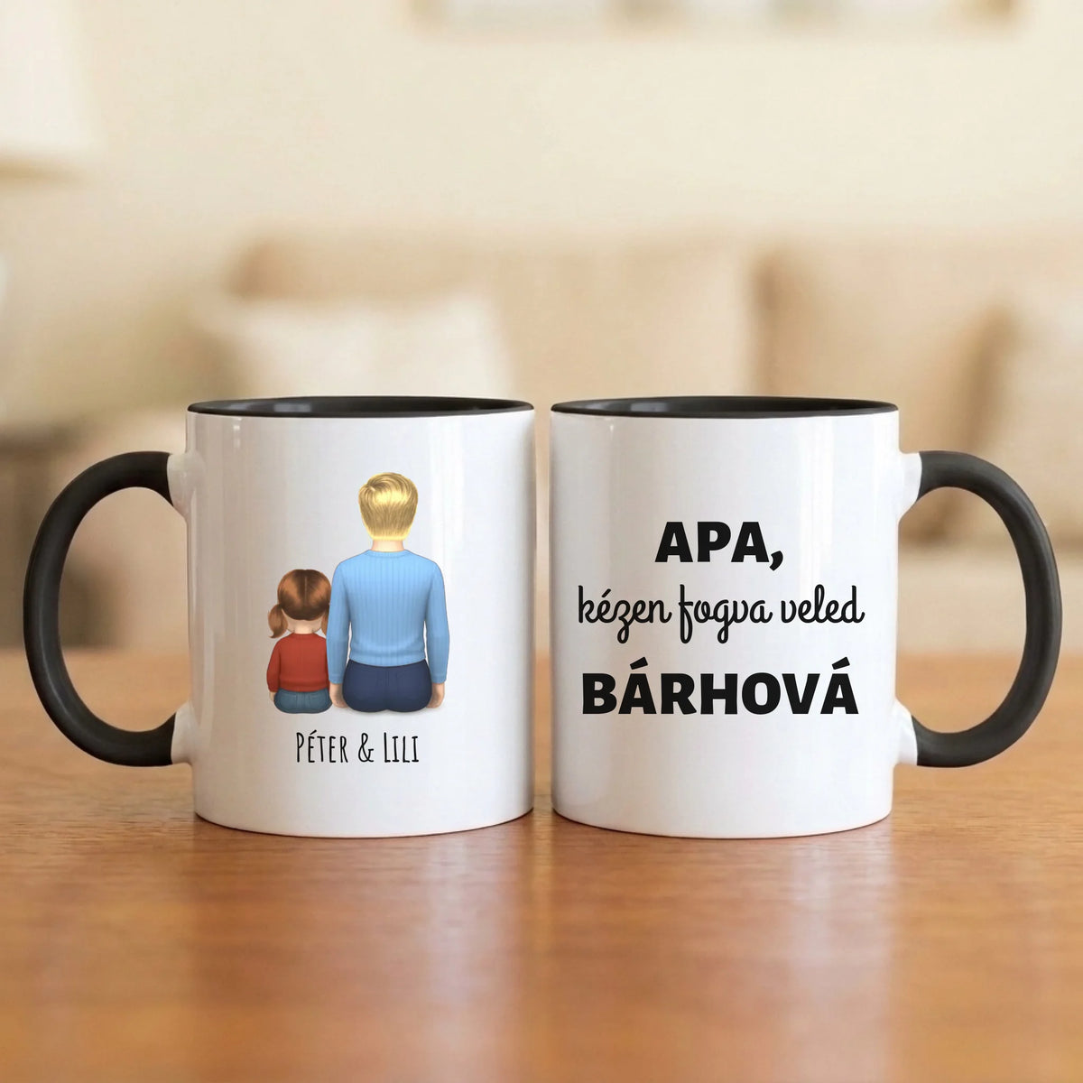 Apa, kézen fogva veled bárhová – apás bögre hátulról rajzolt apával és 1–4 gyerekkel
