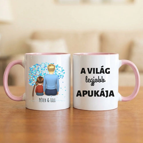 A világ legjobb apukája – apás bögre hátulról rajzolt apával és 1–4 gyerekkel a kék szívfa alatt