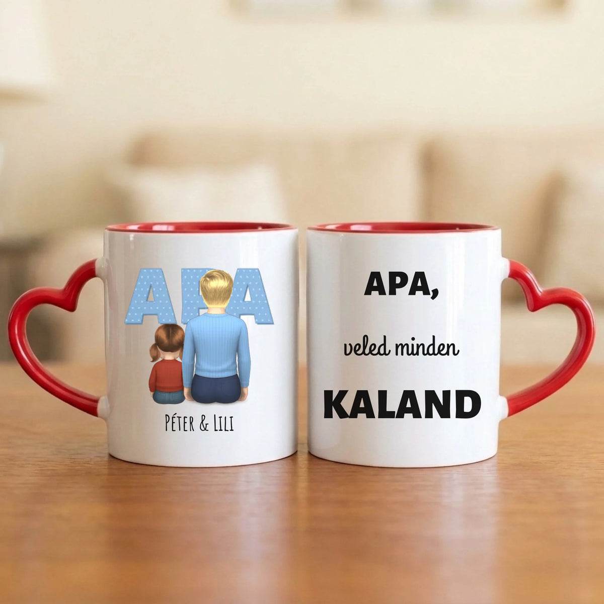 Apa, veled minden kaland – apás bögre hátulról rajzolt apával és 1–4 gyerekkel, nagy APA felirattal