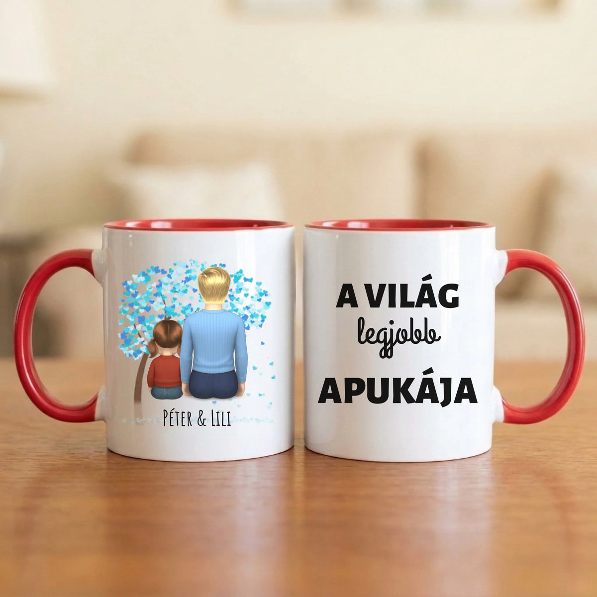 A világ legjobb apukája – apás bögre hátulról rajzolt apával és 1–4 gyerekkel a kék szívfa alatt