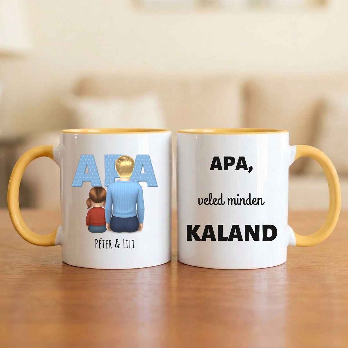 Apa, veled minden kaland – apás bögre hátulról rajzolt apával és 1–4 gyerekkel, nagy APA felirattal